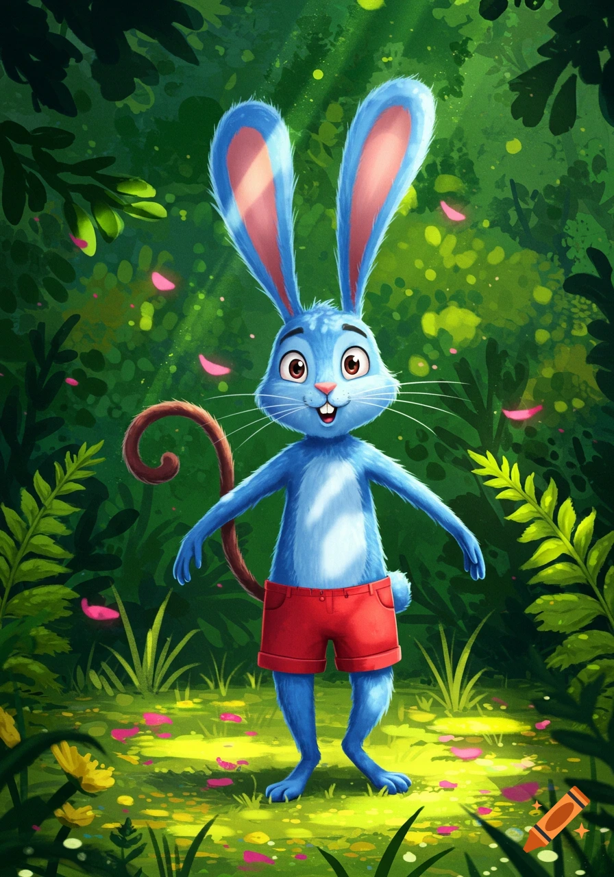 A cartoon blue rabbit with long ears and a curly tail, wearing red shorts, stands in a vibrant green jungle with pink petals.