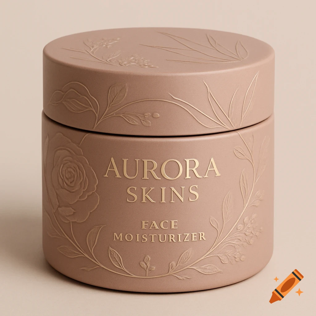 An elegant, light brown jar of Aurora Skins Face Moisturizer with intricate gold floral patterns on the lid and body.