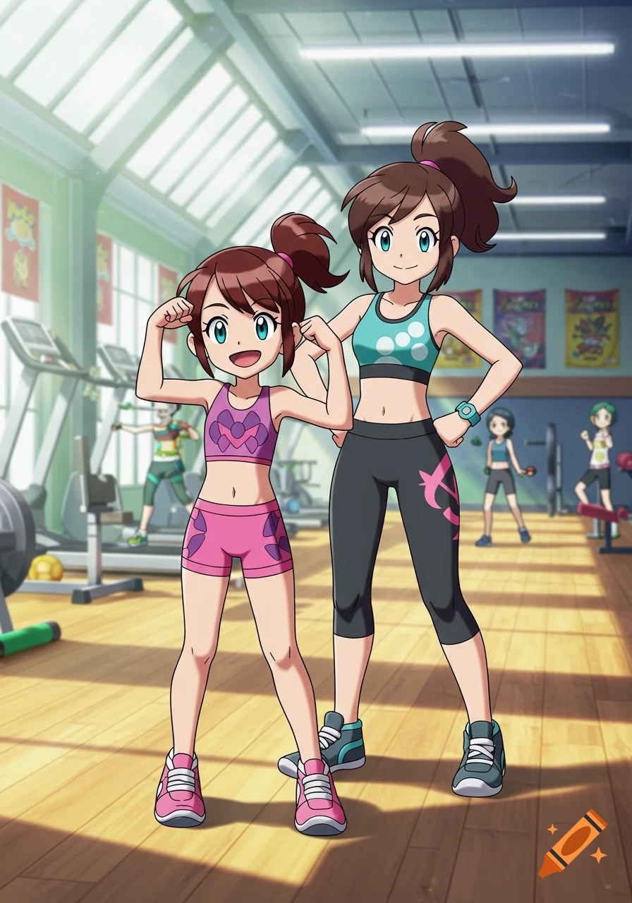 An anime-style girl, Molly, and her mother flex their muscles in a gym.