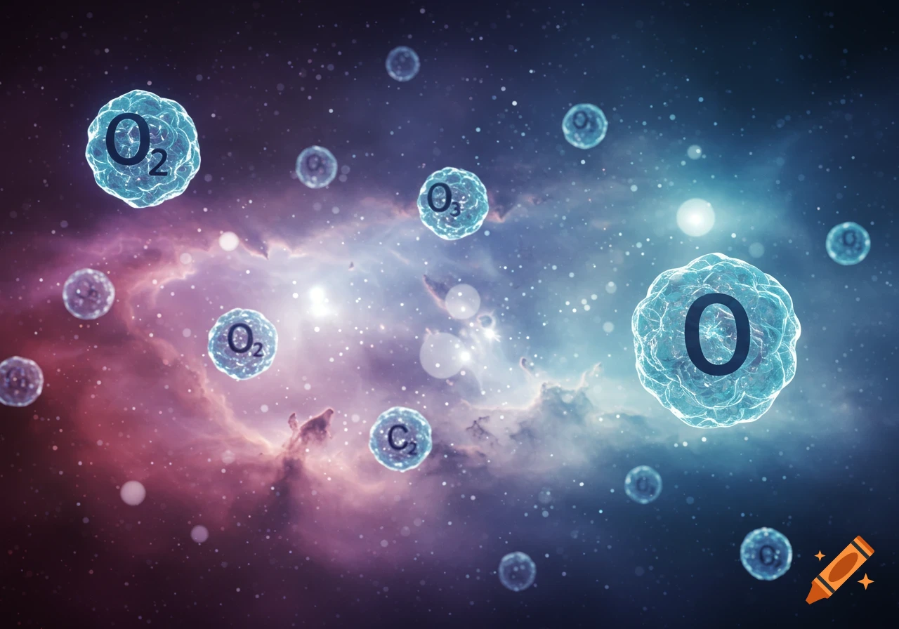 Close-up of oxygen atoms and molecules (O, O2, O3) glowing like cells, against a backdrop of a colorful nebula and stars.