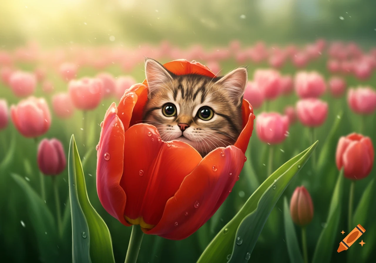 A cute fluffy tabby kitten peeking out of a vibrant red tulip with dew drops in a field of pink tulips.