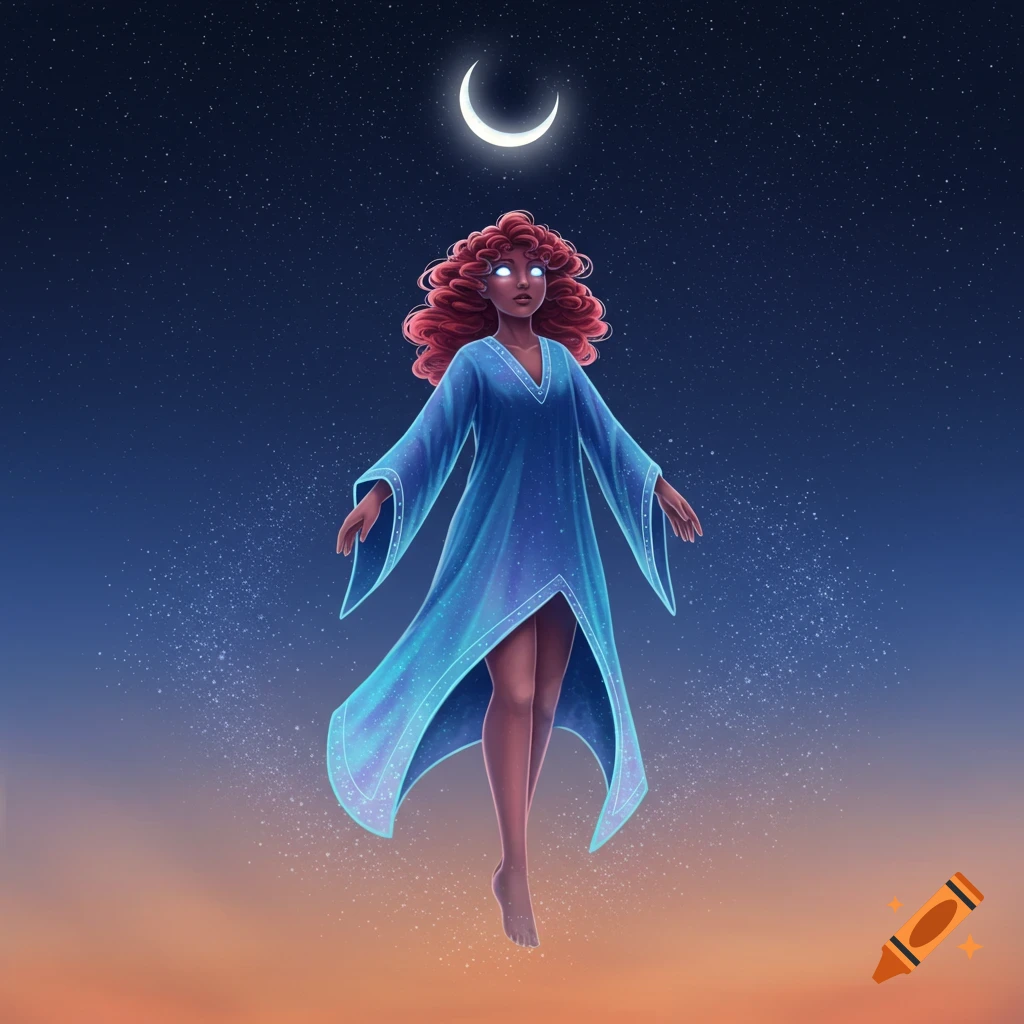 An ethereal woman with glowing eyes and red hair floats in a starry night sky under a crescent moon, wearing a flowing blue dress, illustrated.