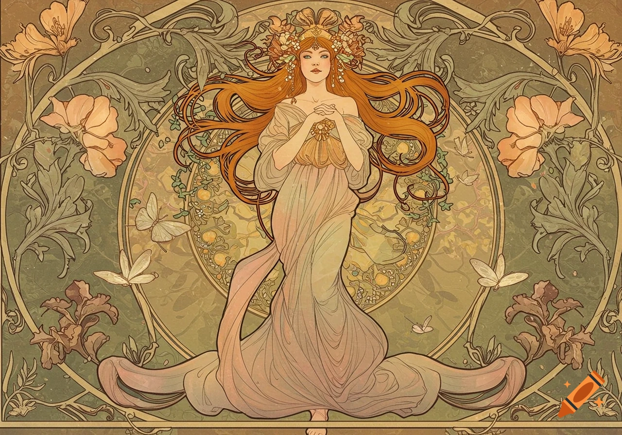 Art Nouveau illustration of a woman with long red hair and a flowing dress, surrounded by floral and butterfly motifs.