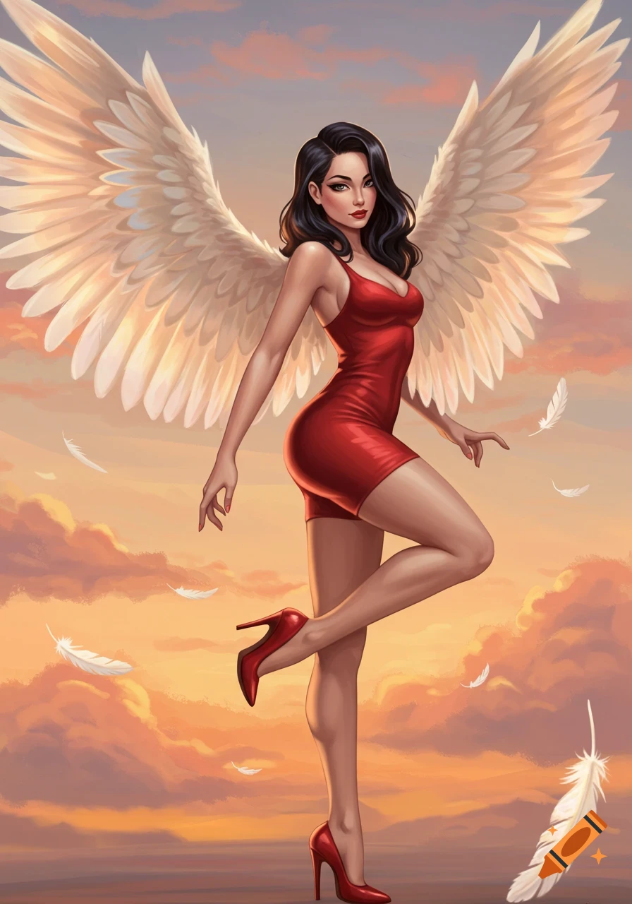 Pinup art style illustration of a winged woman in a red dress and heels against a cloudy sunset sky with falling feathers.