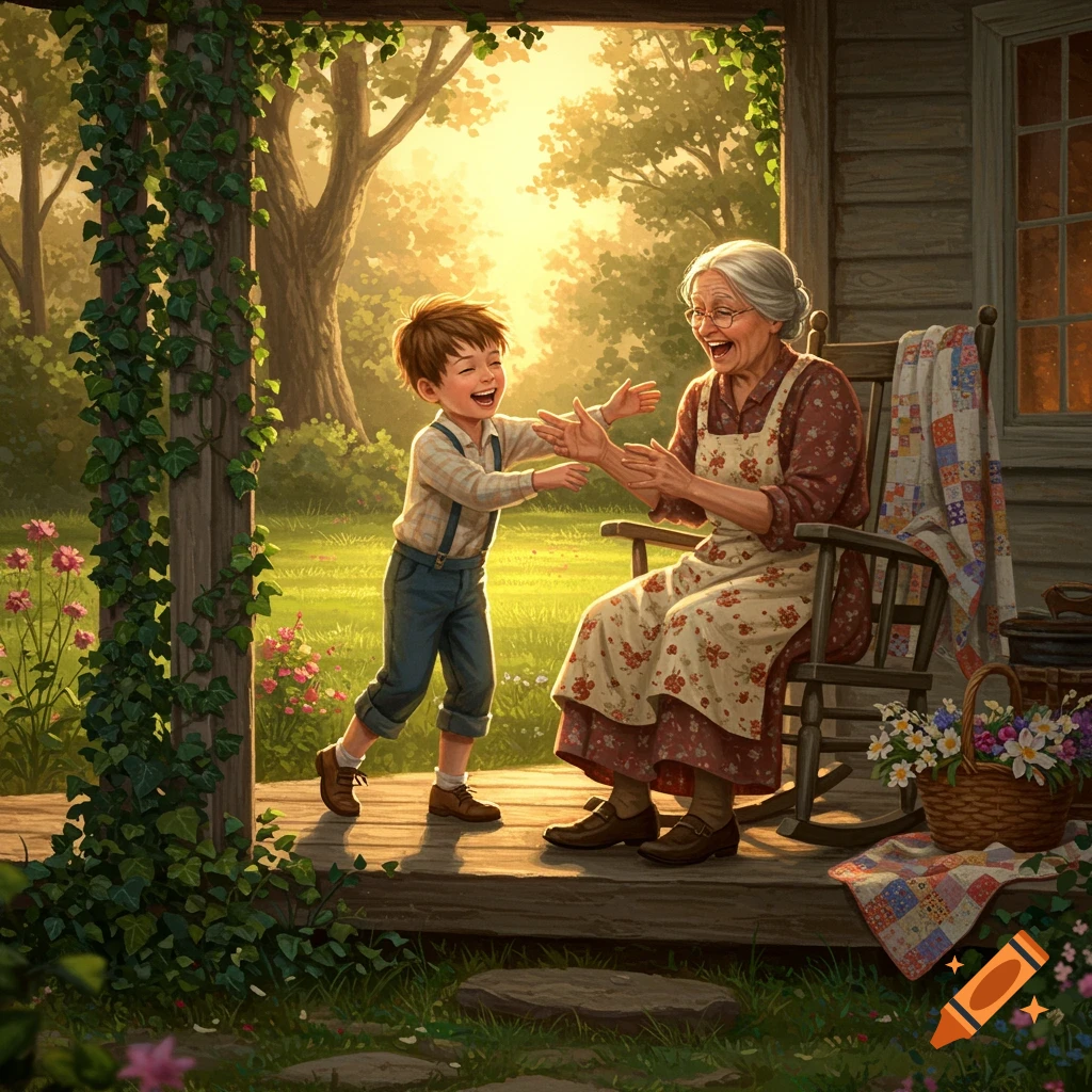 A happy young boy runs towards his laughing grandmother on a sunlit wooden porch, surrounded by green foliage and flowers.