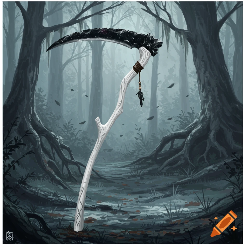 A white wooden scythe with a dark, chipped obsidian blade, adorned with a charm, stands in a misty, dark forest with prominent tree roots. Digital illustration.