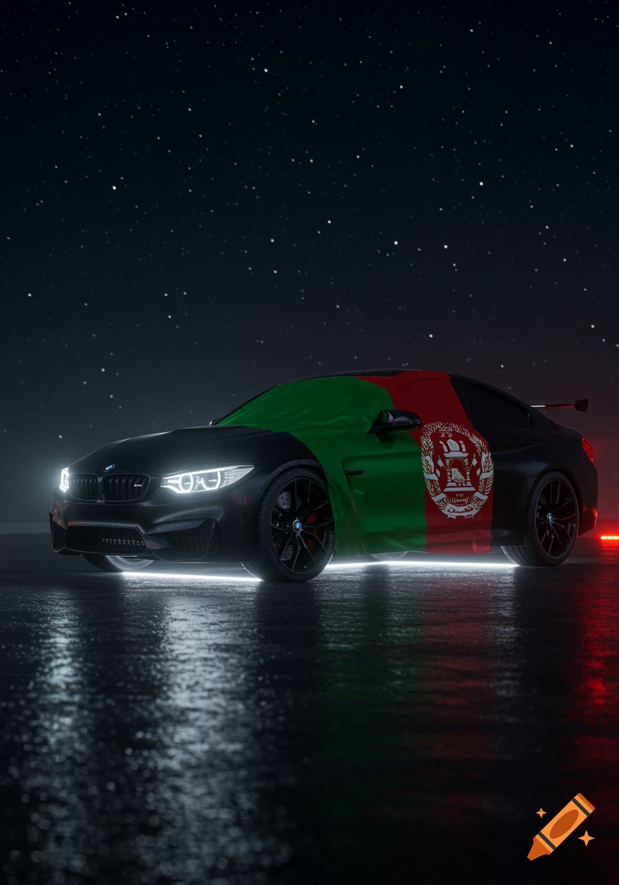 A black BMW M4 with an Afghanistan flag draped over it, parked on a wet surface under a starry night sky with glowing white underlights.