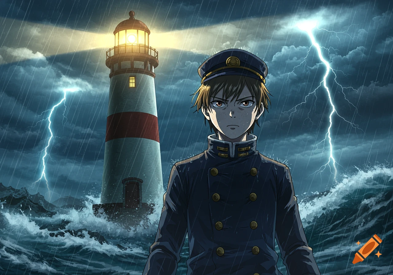 Anime boy in a uniform stands defiantly before a lighthouse amidst a dramatic thunderstorm with lightning strikes and crashing waves.