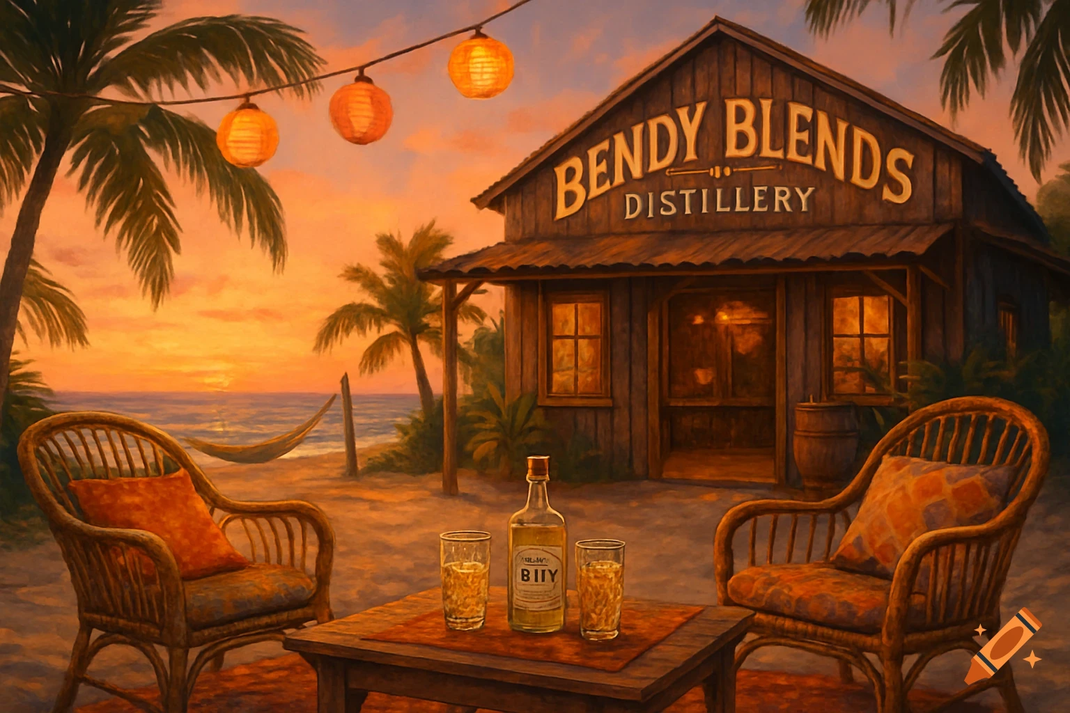 A painted scene of the 'Bendy Blends Distillery' on a tropical beach at sunset, with a bottle and two glasses on a table in the foreground, next to two wicker chairs and palm trees.