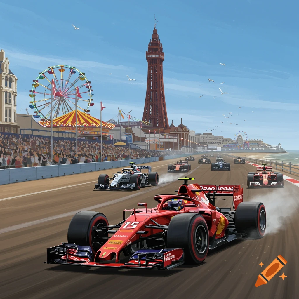Red Formula 1 car leads a race on a coastal track, with other F1 cars, a crowd, the Blackpool Tower, and a Ferris wheel under a blue sky.
