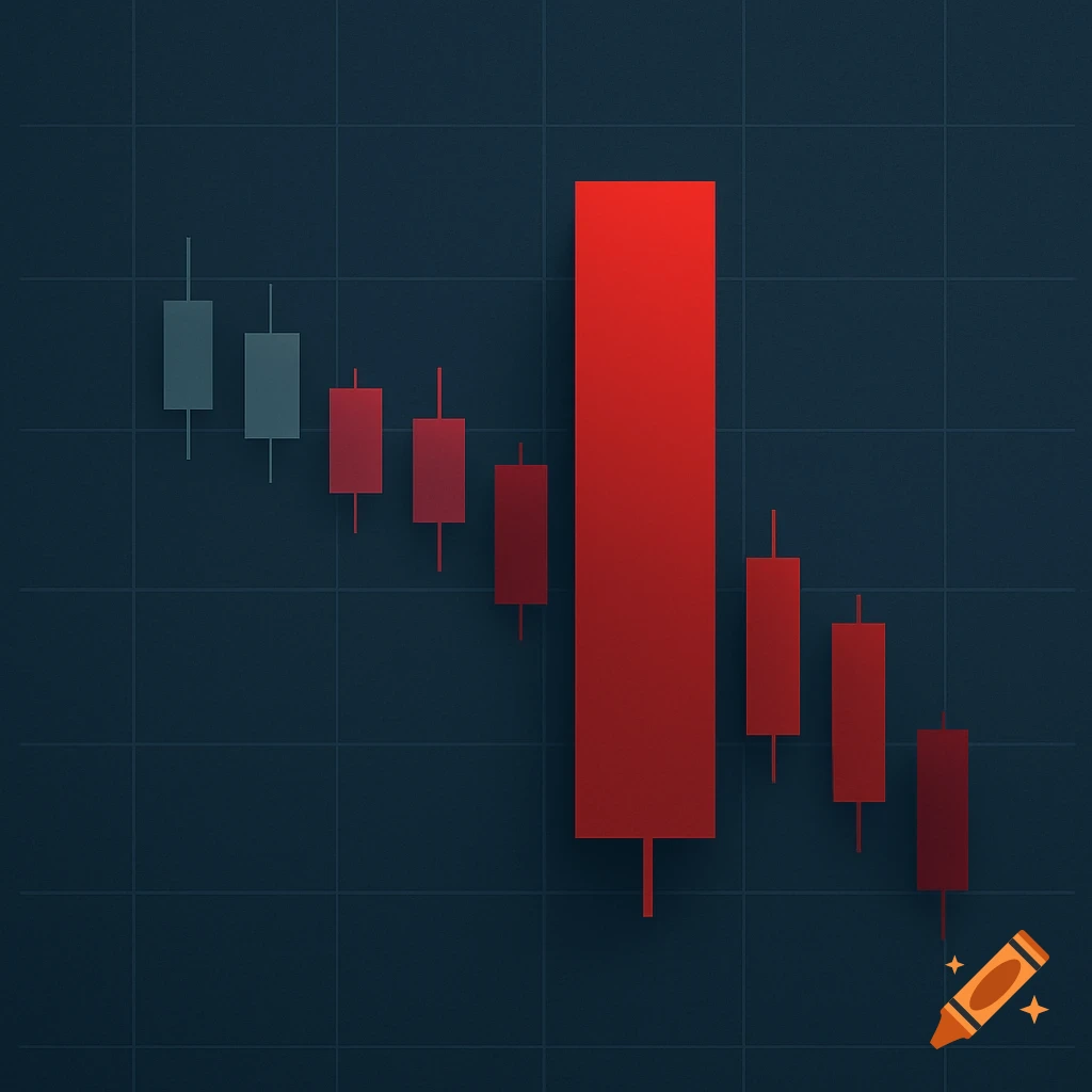 Candlestick chart showing a strong downward trend with a large red bear bar and subsequent red bear bodies on a dark grid.