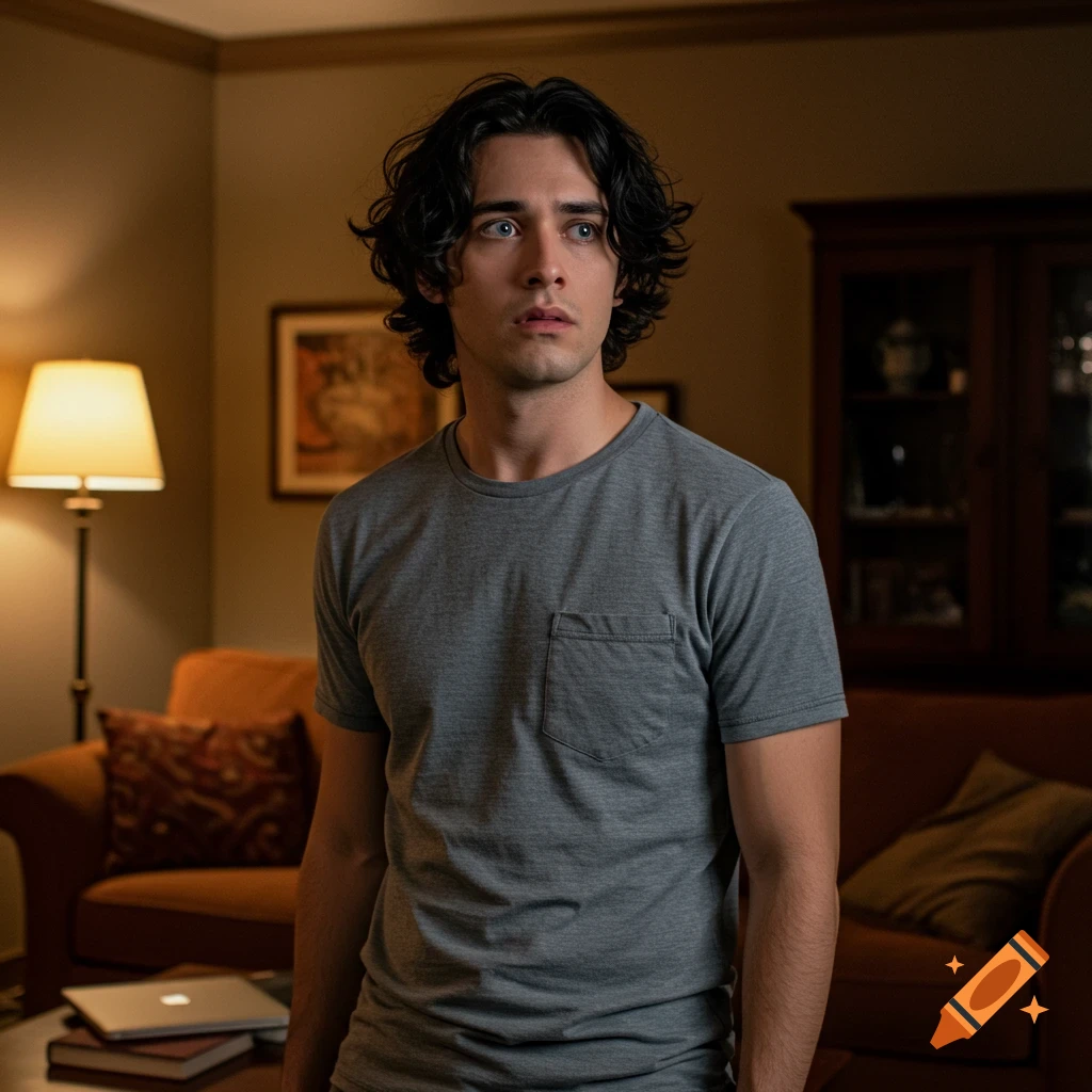A photorealistic portrait of a young man with dark, wavy hair and blue eyes, looking hesitant in a dimly lit living room.