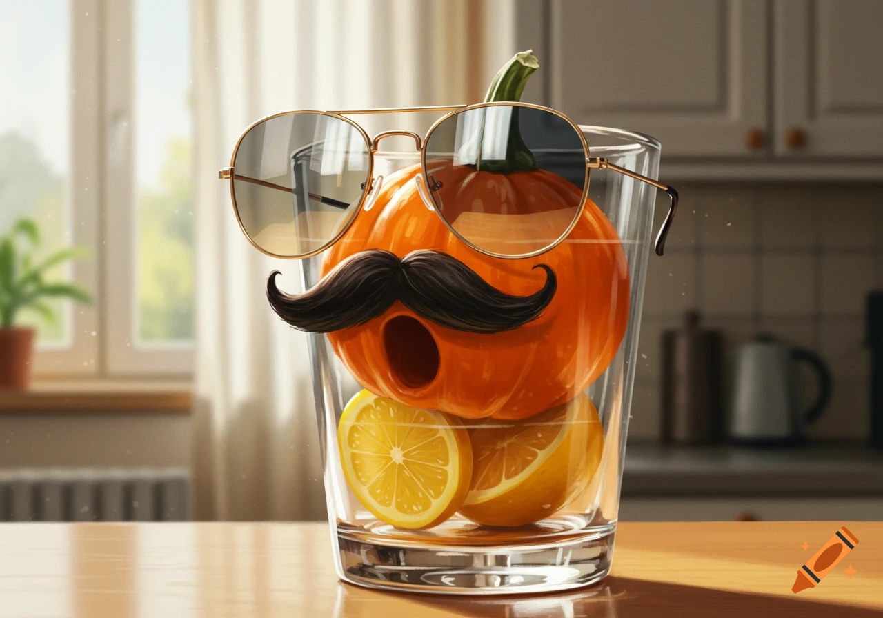 A small orange pumpkin with a black mustache and gold-rimmed aviator sunglasses sits inside a clear glass with sliced lemons, on a kitchen counter.