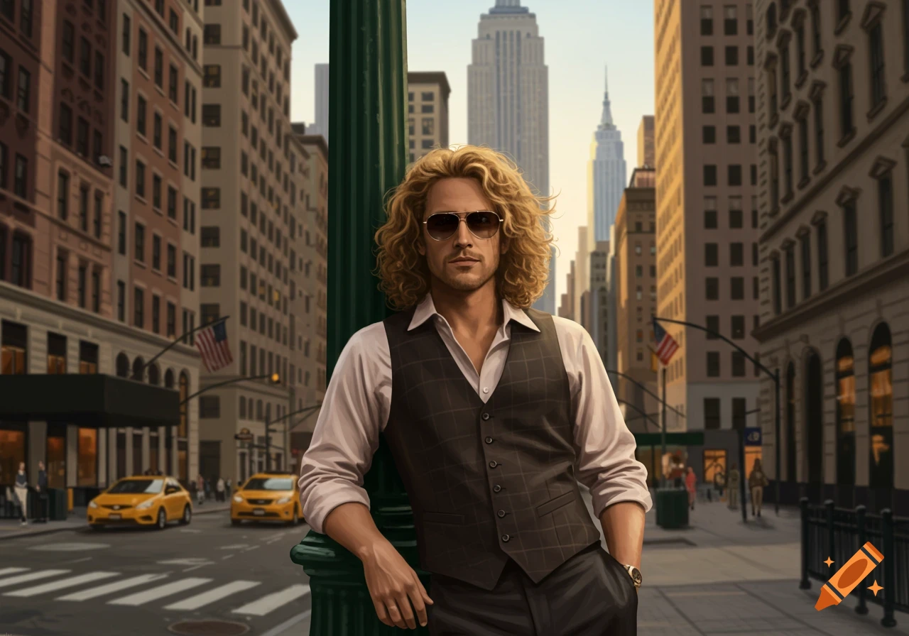 A man with long curly blonde hair and sunglasses leans on a lamppost in a bustling New York City street, wearing a vest and shirt.