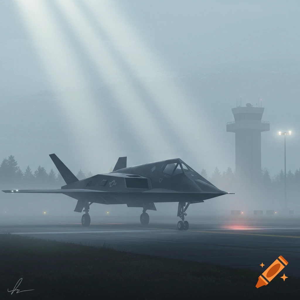 A dark stealth fighter jet sits on a foggy airfield under shafts of light, with an air traffic control tower in the background.