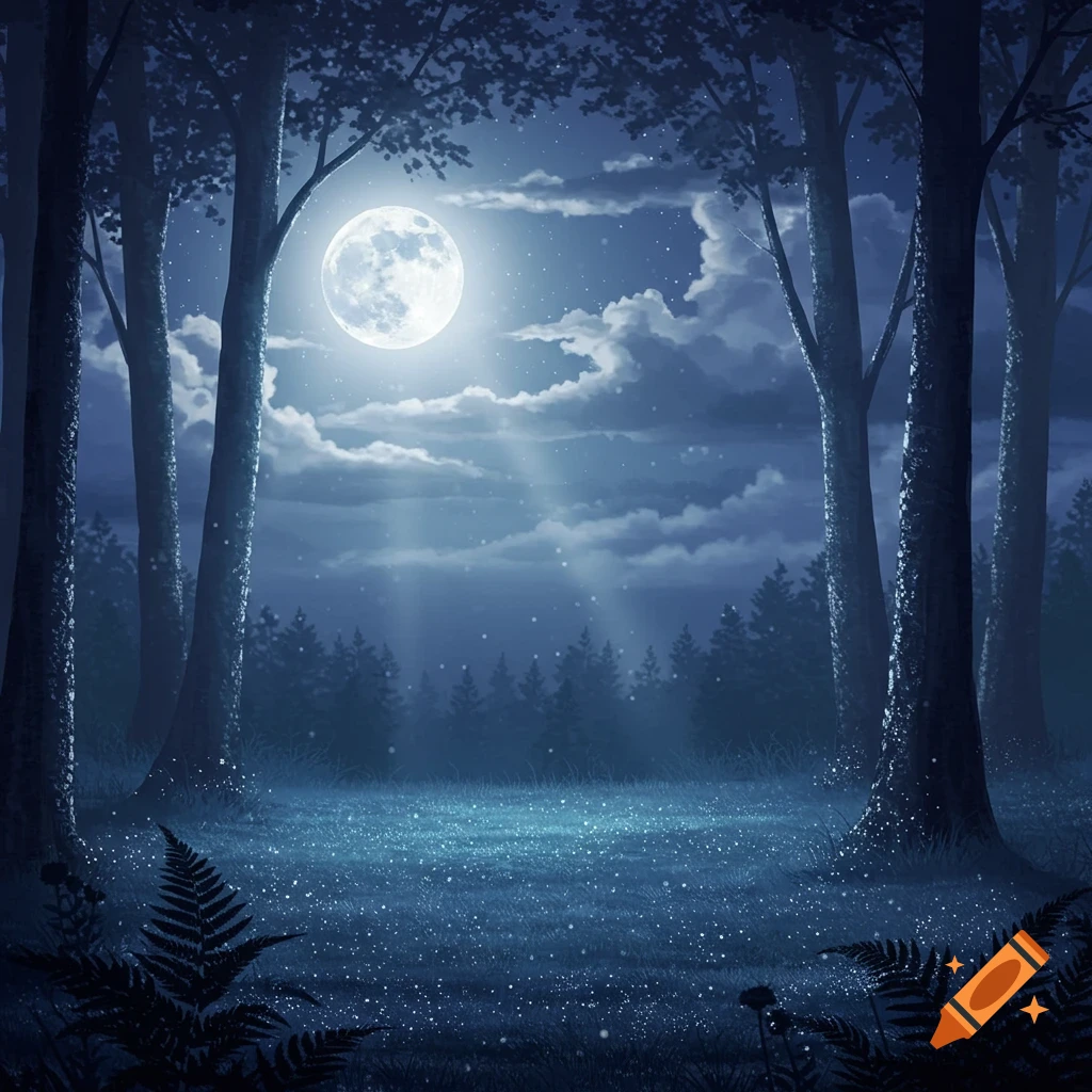 A mystical forest at night, illuminated by a full moon casting beams of light and making the ground sparkle.