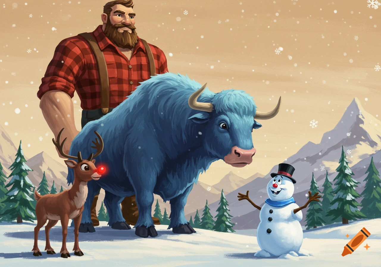 A cartoon lumberjack stands with a blue ox, a reindeer with a red nose, and a snowman in a snowy winter landscape.