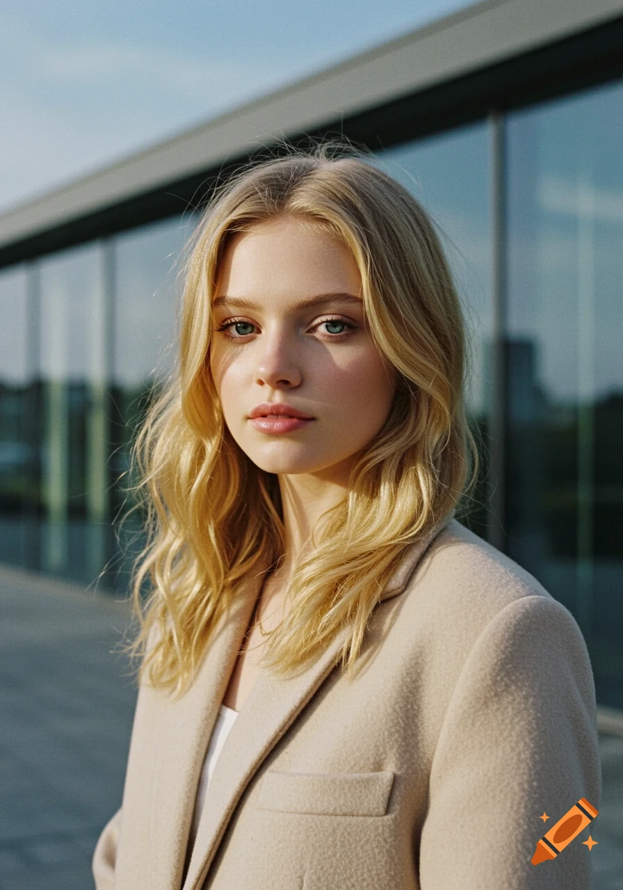 High-definition portrait of a young blonde woman in a beige blazer, looking at the camera with a modern glass building in the background.
