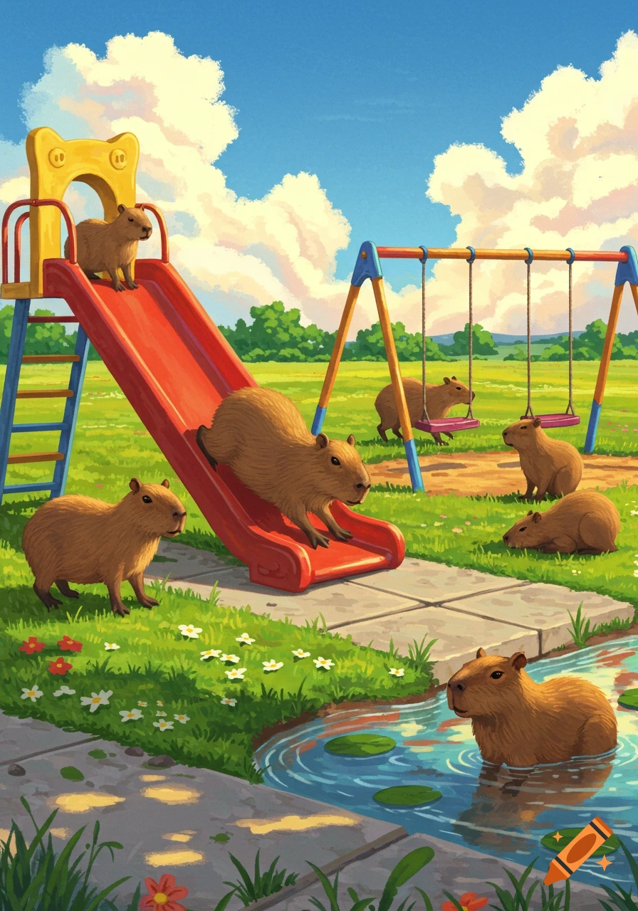 An illustration of several capybaras playing on a sunny playground with a red slide and swings, and one in a small stream.