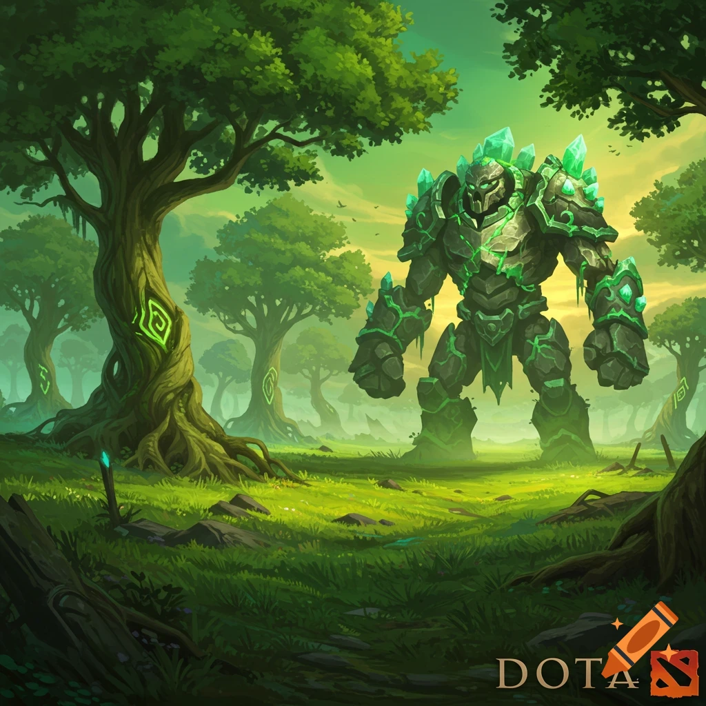 Large green crystal rock golem stands in a vibrant fantasy forest with glowing symbols, illustrated style.