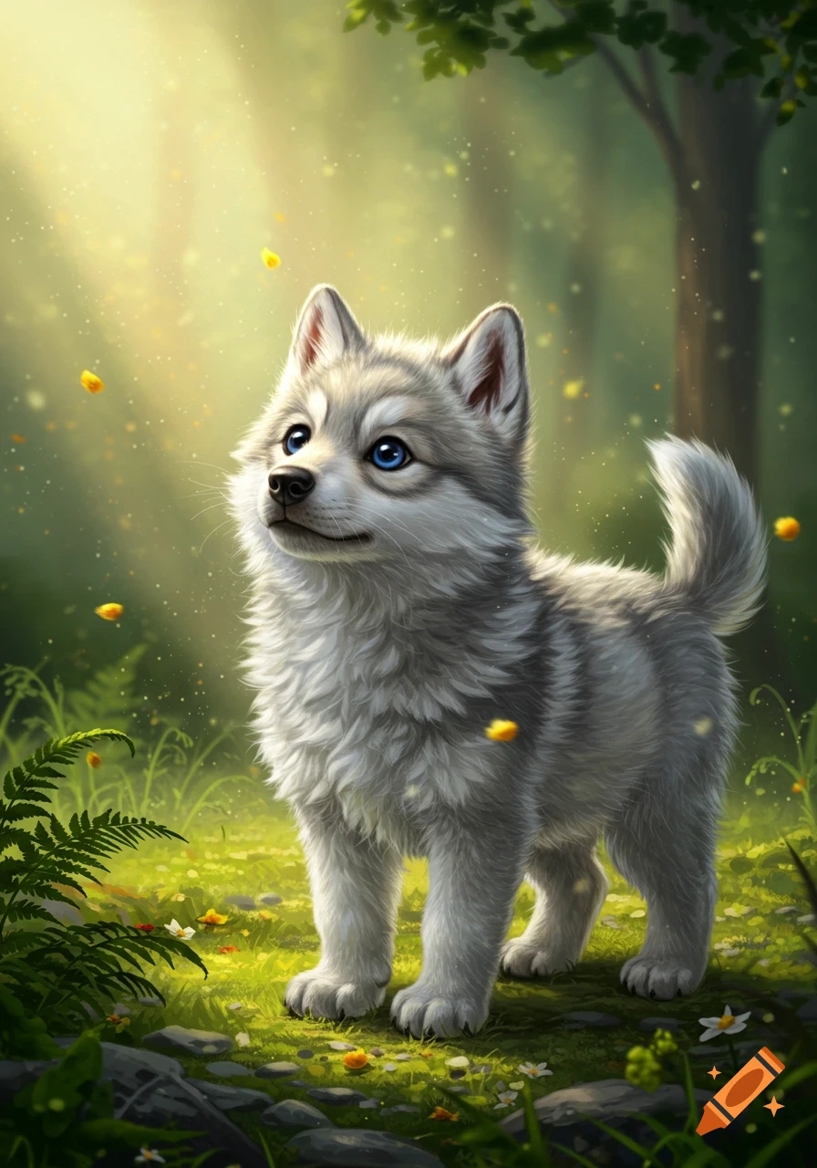 A cute, fluffy husky puppy with blue eyes stands in a sunlit forest, looking up as yellow petals fall.