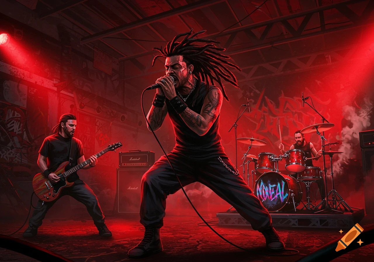 A nu metal band performs on stage under intense red spotlights, with a dreadlocked vocalist, a guitarist, and a drummer.