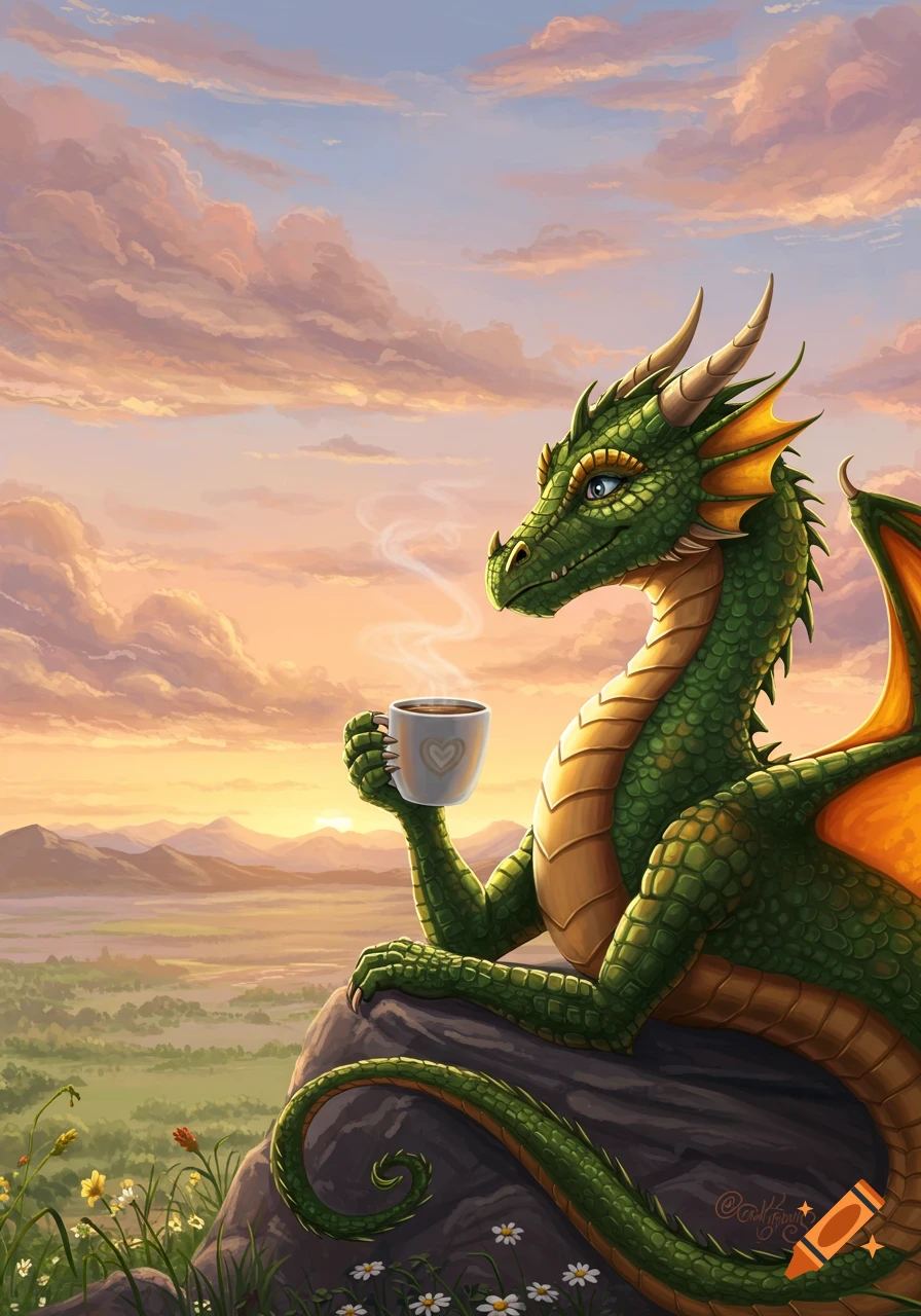 A green dragon with golden wings sits on a rock, holding a coffee cup with a heart design, overlooking a misty valley at sunrise.