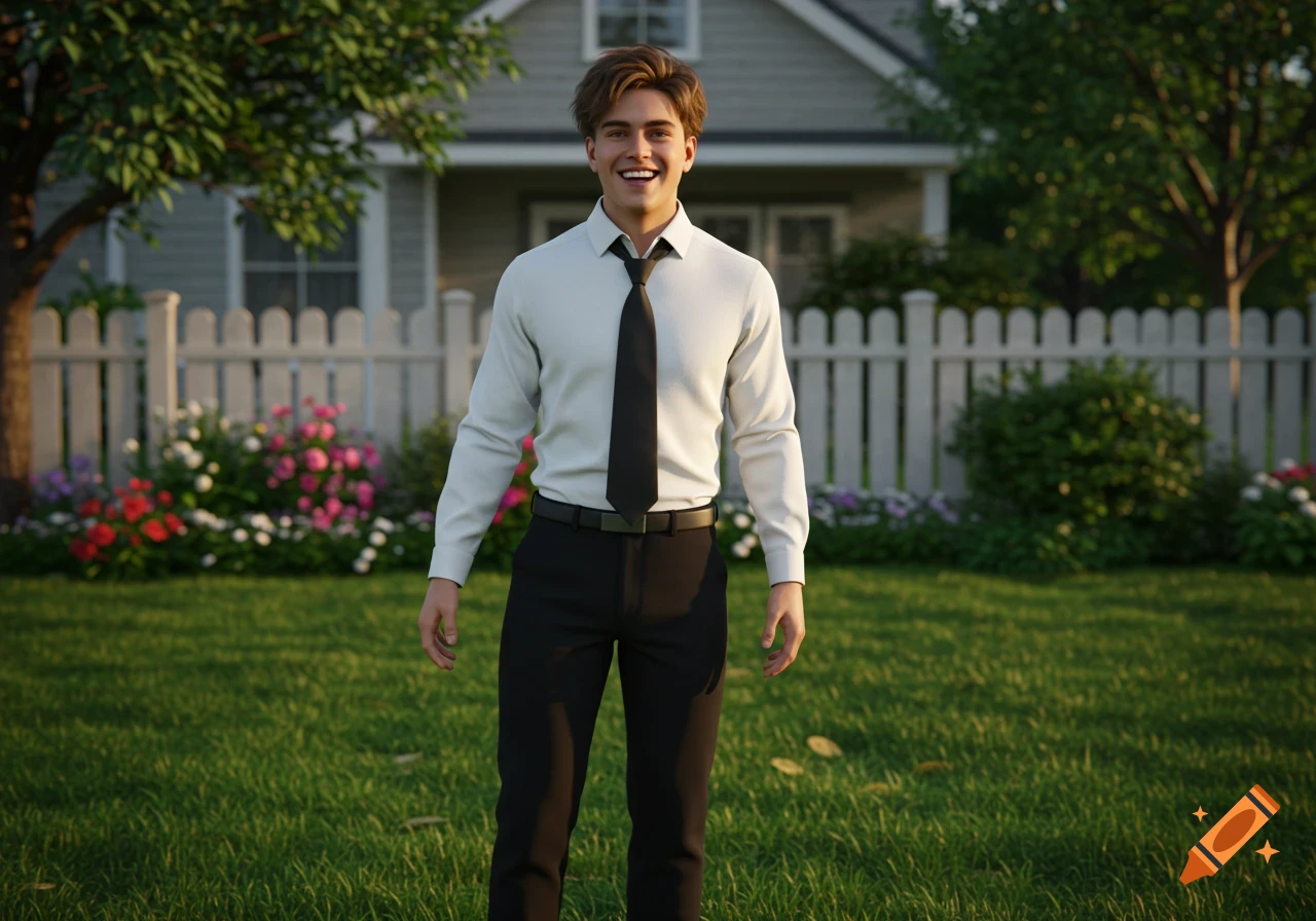 A smiling young man with brown hair wearing a white shirt and black tie stands in a lush green front yard with a house and white picket fence in the background.