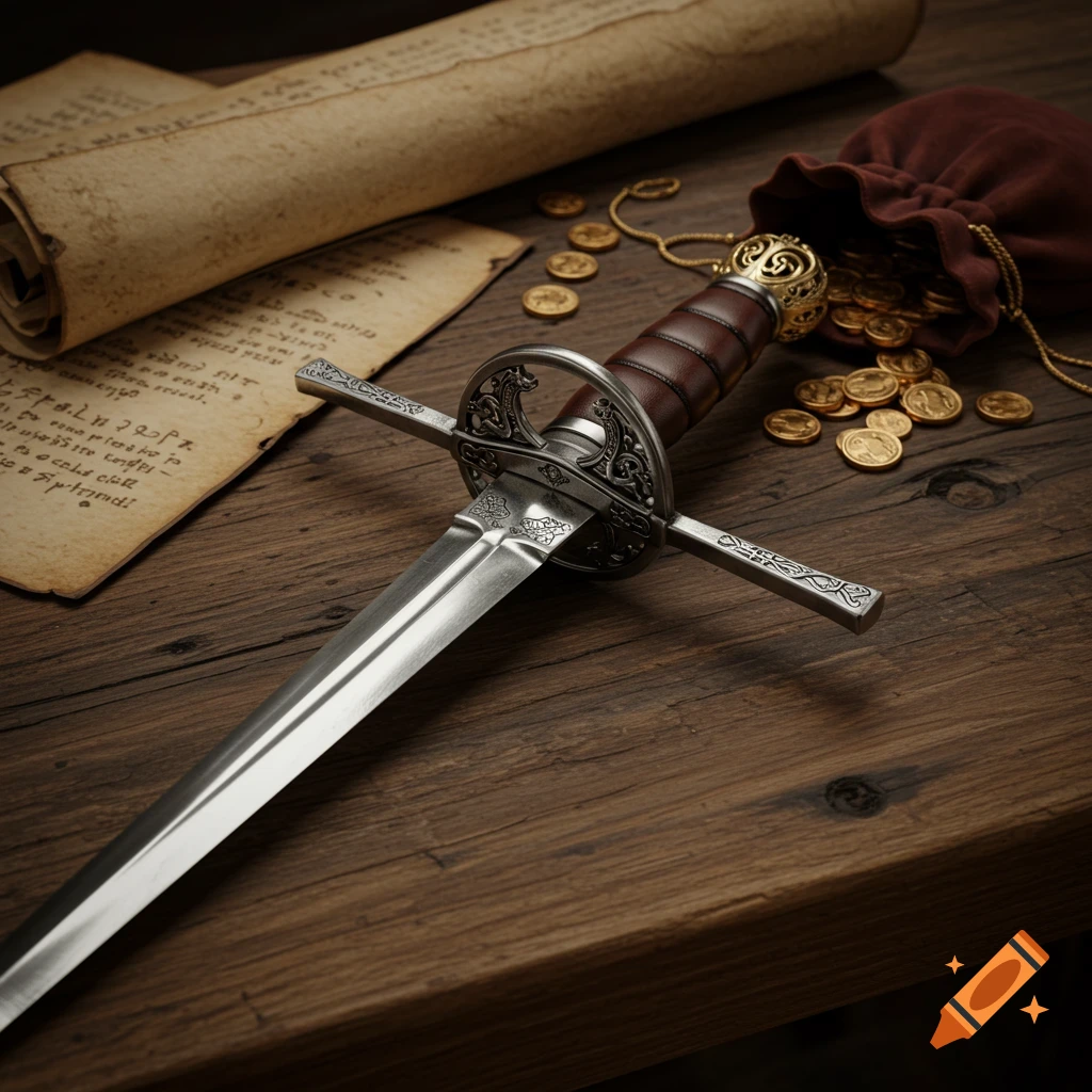 A detailed medieval rapier lies on a wooden table next to scattered gold coins, a red velvet pouch, and old parchment scrolls.