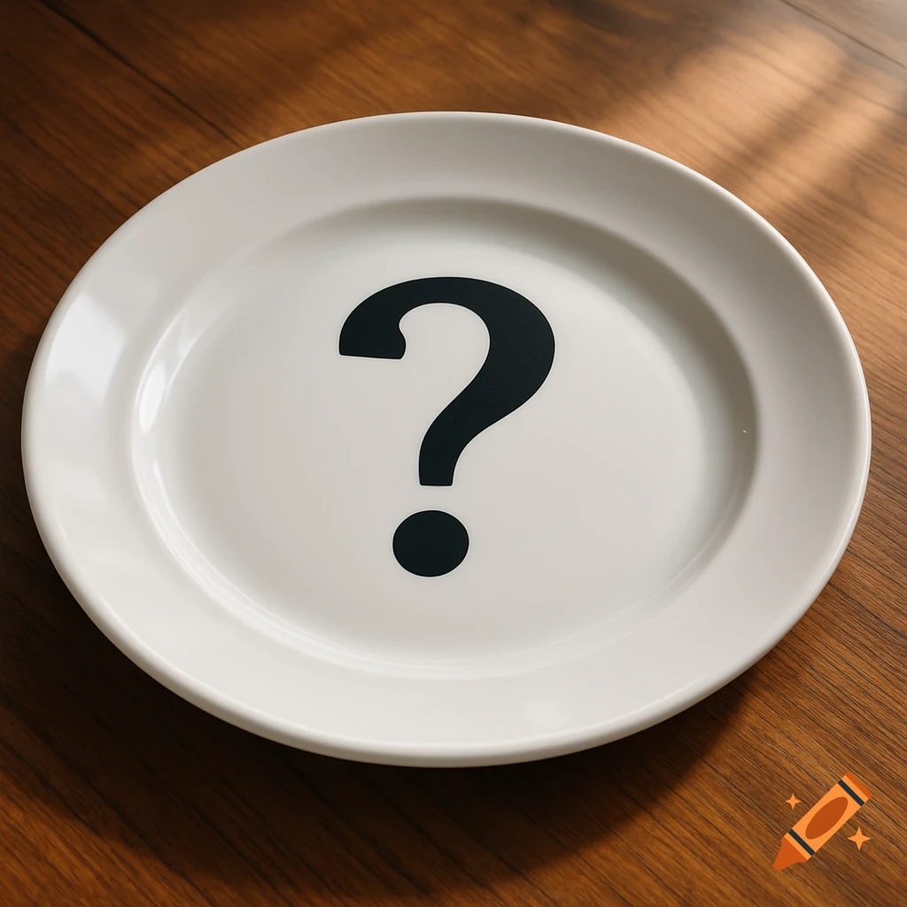 A white ceramic plate with a large black question mark in the center, resting on a wooden table.