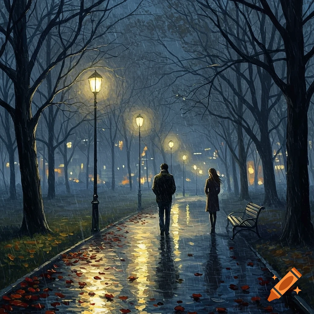 A man and woman walk away from each other on a rainy, leaf-covered park path at night, under glowing streetlights.