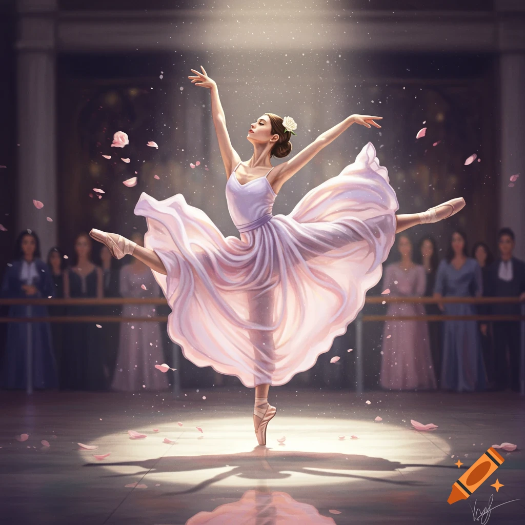 A graceful ballerina in a flowing pink dress dances en pointe under a spotlight, with petals falling around her, in an artistic illustration style.