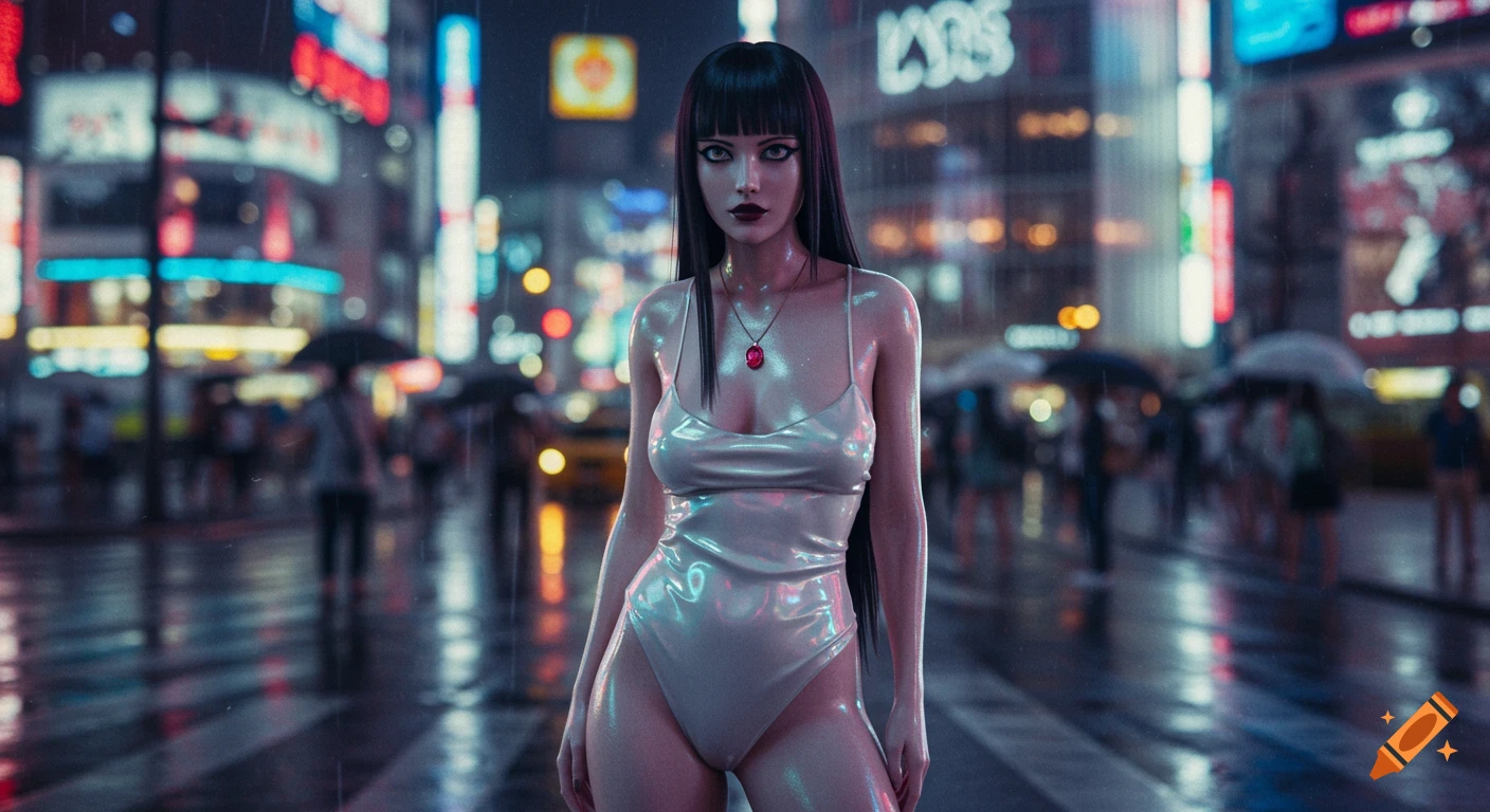 A woman in a shimmering white bodysuit stands in a rainy, neon-lit cyberpunk city at night, with long black hair and dark makeup.