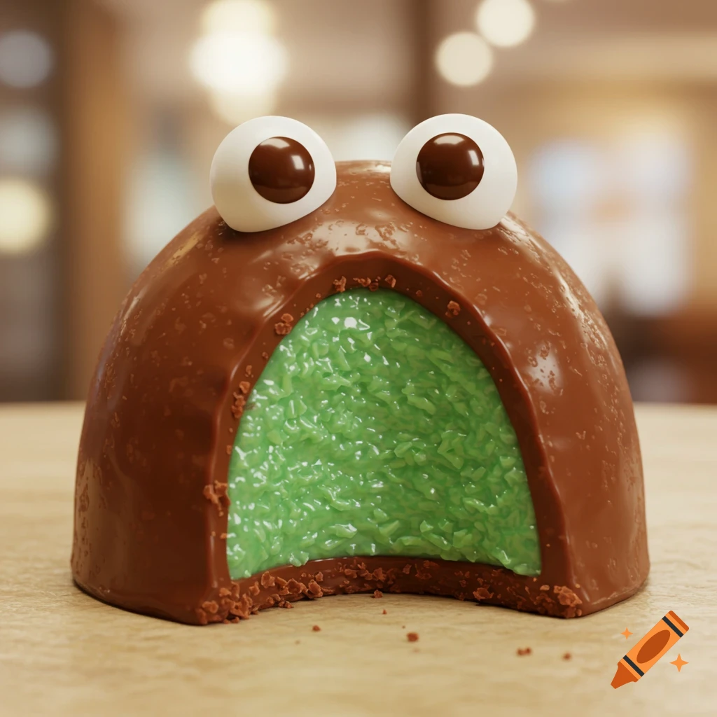 Photorealistic chocolate dome dessert with a bite taken out, revealing green filling, and large googly eyes on top, on a wooden surface.