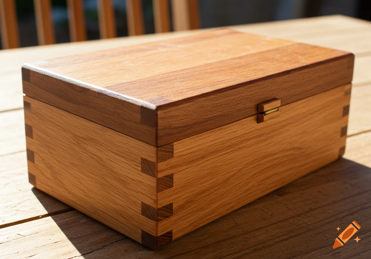 A rectangular wooden box with finger joints and a small latch, sitting on a wooden table in sunlight.