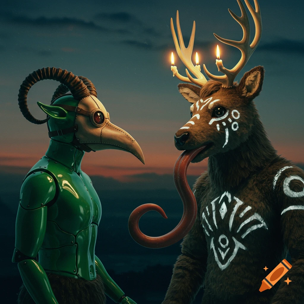 A green satyr with a plague mask stands opposite a brown reindeer with candle antlers and a long, curled tongue, under a twilight sky.