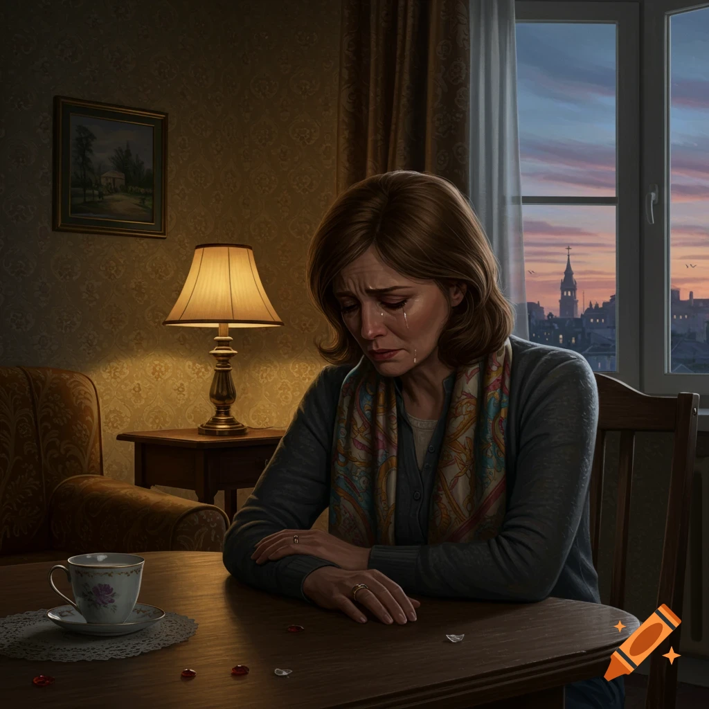 Photorealistic image of a woman crying at a table in a dimly lit room with a city view at dusk.