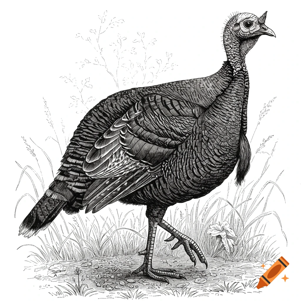 Black and white line drawing of a turkey standing in tall grass.