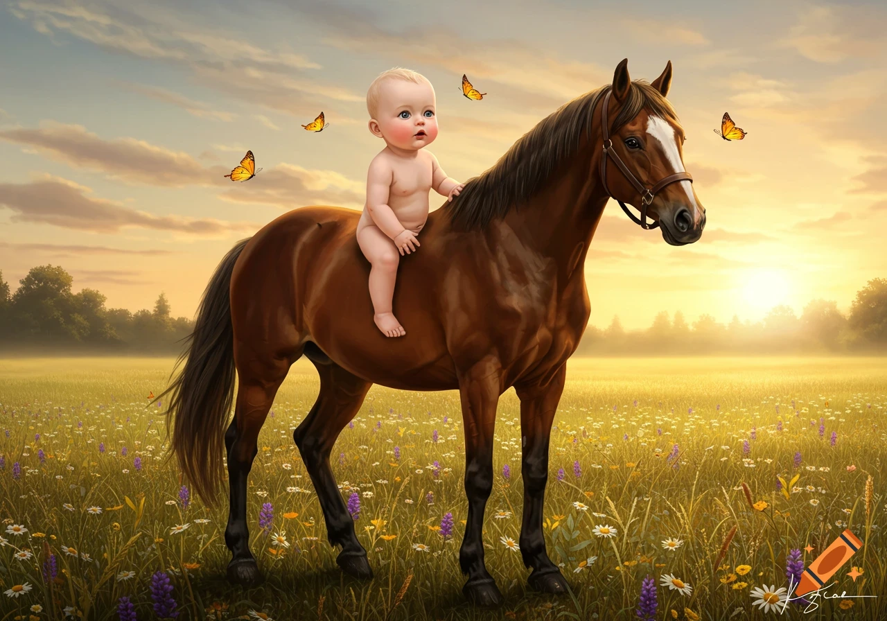 A nude baby rides a brown horse bareback through a sun-drenched meadow with butterflies and wildflowers, at sunset or sunrise.