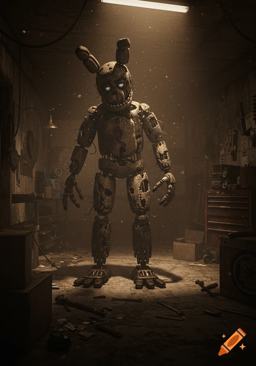 A terrifying, broken animatronic rabbit with glowing white eyes stands in a dark, dusty, abandoned garage, photorealistic style.