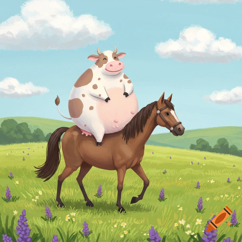 Whimsical cartoon of a chubby cow riding a brown horse through a green field with purple flowers and white clouds.
