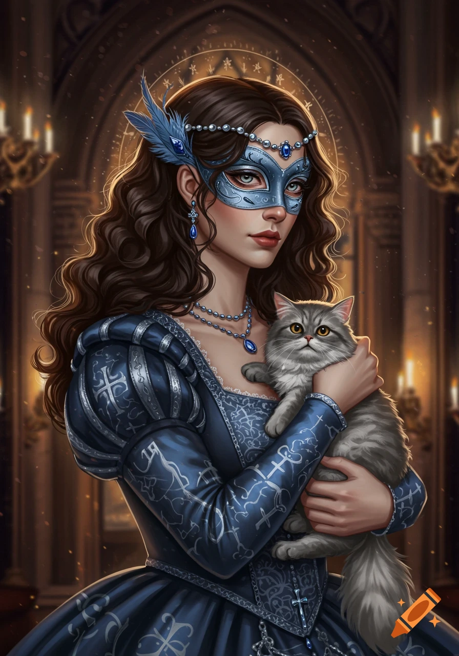 A woman in a blue masquerade gown and mask, holding a fluffy gray cat, stands in a grand, candlelit hall.
