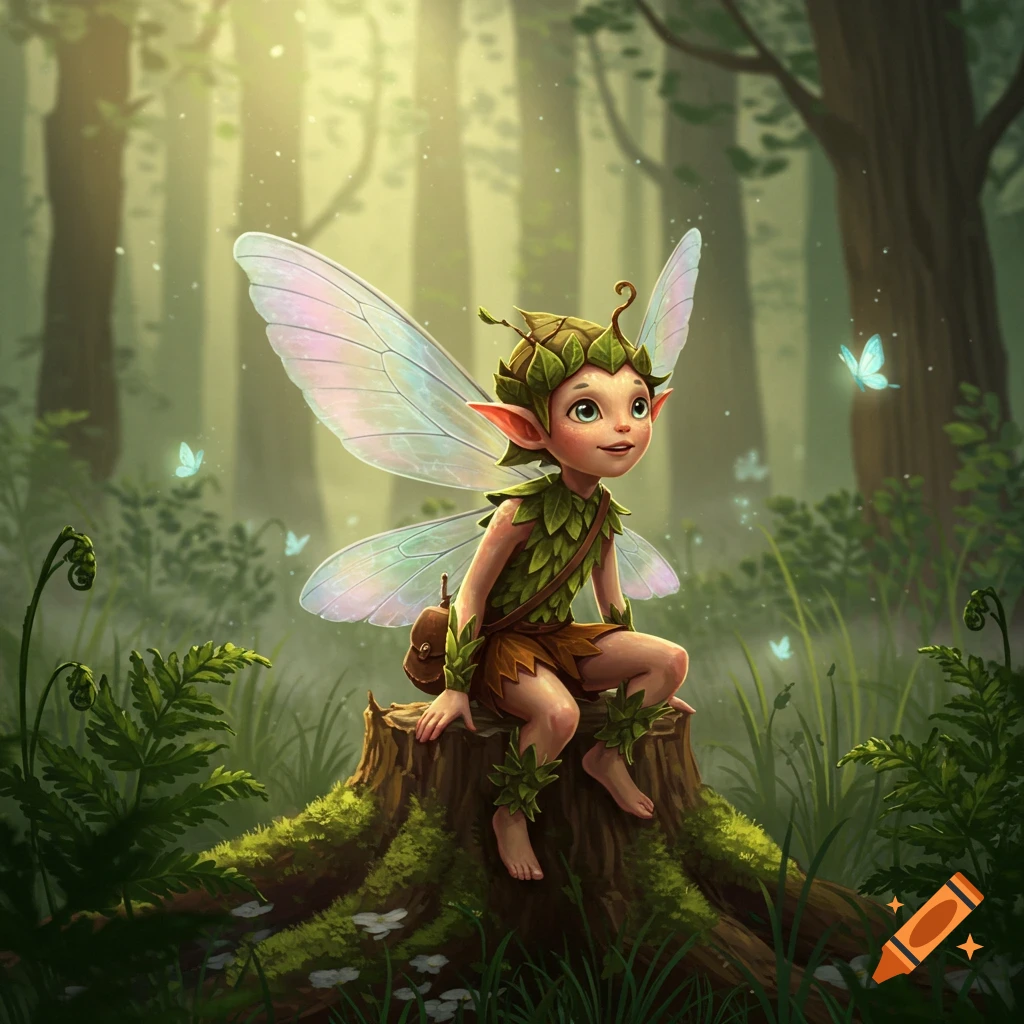 A cute, cartoonish sprite with iridescent wings and leafy clothes sits on a mossy tree stump in a sunlit forest, surrounded by butterflies.