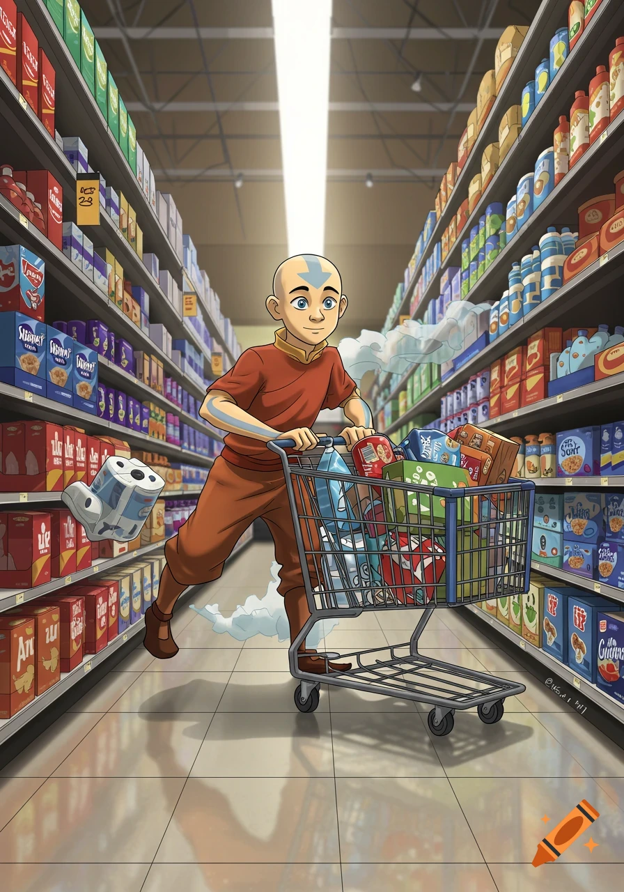 Avatar Aang airbending while pushing a full shopping cart down a grocery store aisle filled with products.