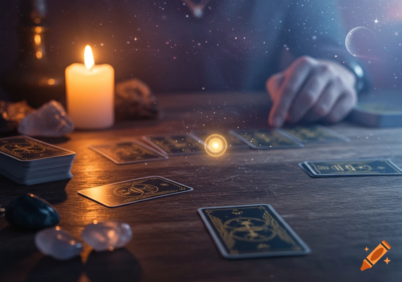A person's hand reaches for a tarot card on a wooden table, illuminated by a candle, with crystals and a starry, cosmic background.