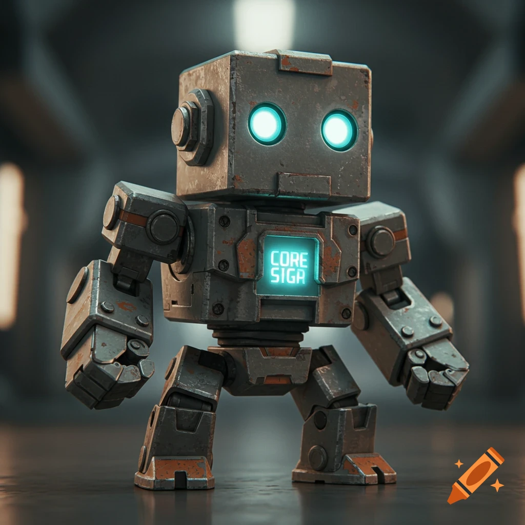 A blocky, rusty robot with glowing blue eyes and a 'CORE SIGA' display on its chest stands in a dim, futuristic room.