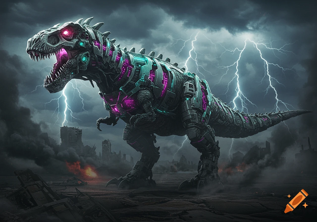 A massive, metallic cyborg T-Rex with glowing purple and cyan accents stands in a ruined city under a stormy sky with lightning.