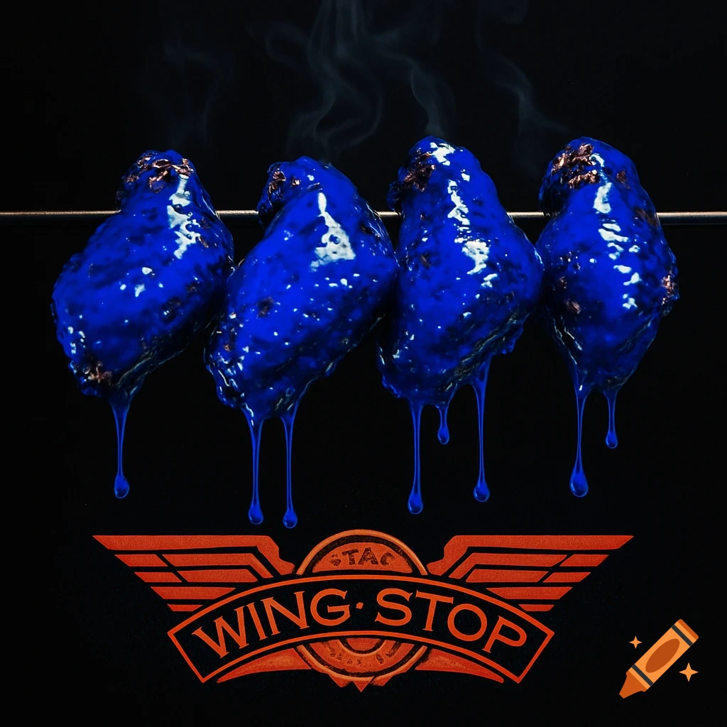 Four glossy cobalt-blue chicken wings dripping sauce over an orange Wingstop logo on a black background with steam.