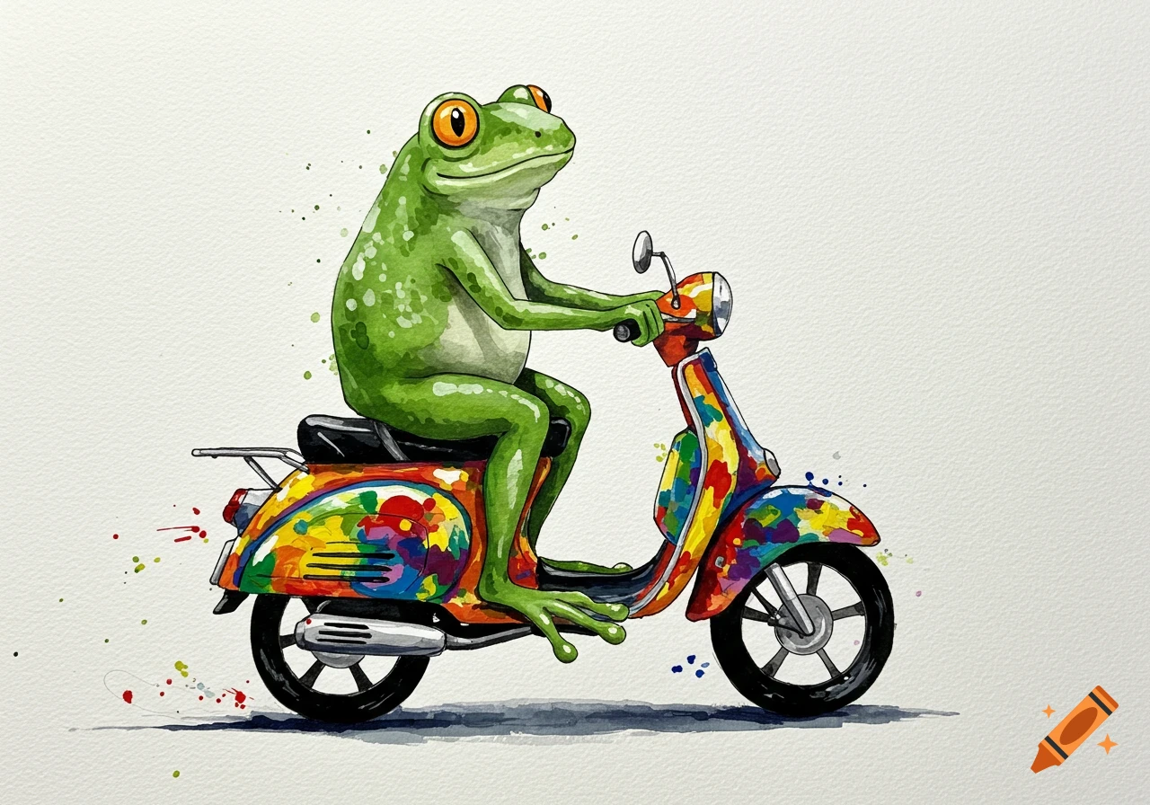 A vibrant watercolor illustration of a green frog riding a colorful, abstract-painted moped on a white background.