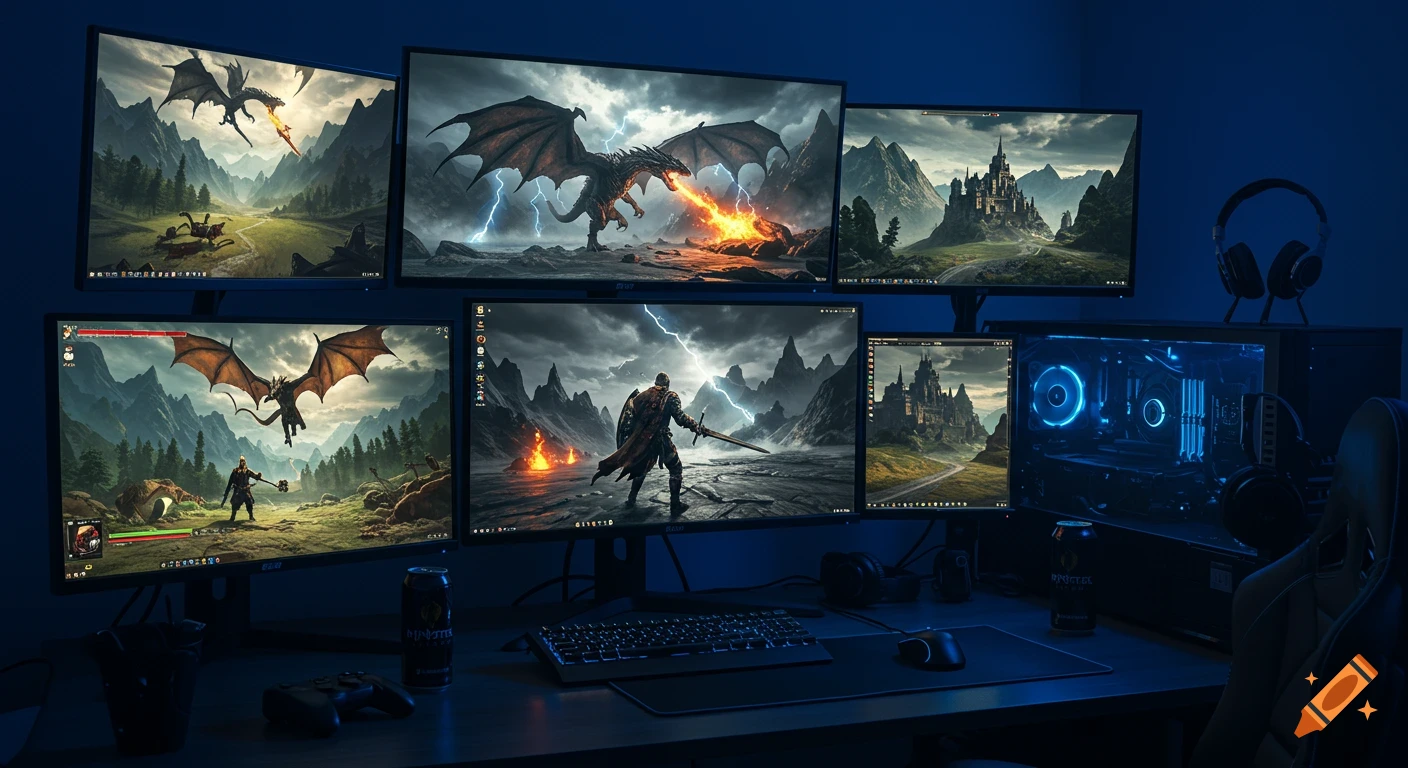 A dark gaming setup features six monitors displaying fantasy video game scenes with dragons, knights, and castles. A keyboard, mouse, controller, and a Monster Energy can are on the desk, with a blue-lit PC tower and headphones visible.